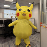 Inflatable Pikachu Costume Yellow Cartoon Character Outfit with Built-in Fan Funny Blow-up Suit for Halloween Cosplay Party