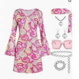 Disfraz 70s Women Disco Dress Hippie Costumes Necklace Earrings Glasses, 60's 70's Birthday Outfits, 1970s Prom Bling Dress