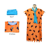 The Flintstones Fred Flintstone Caveman Cosplay Complete Outfit Orange Printed Tunic Blue Scarf Halloween Carnival Party Disfraz