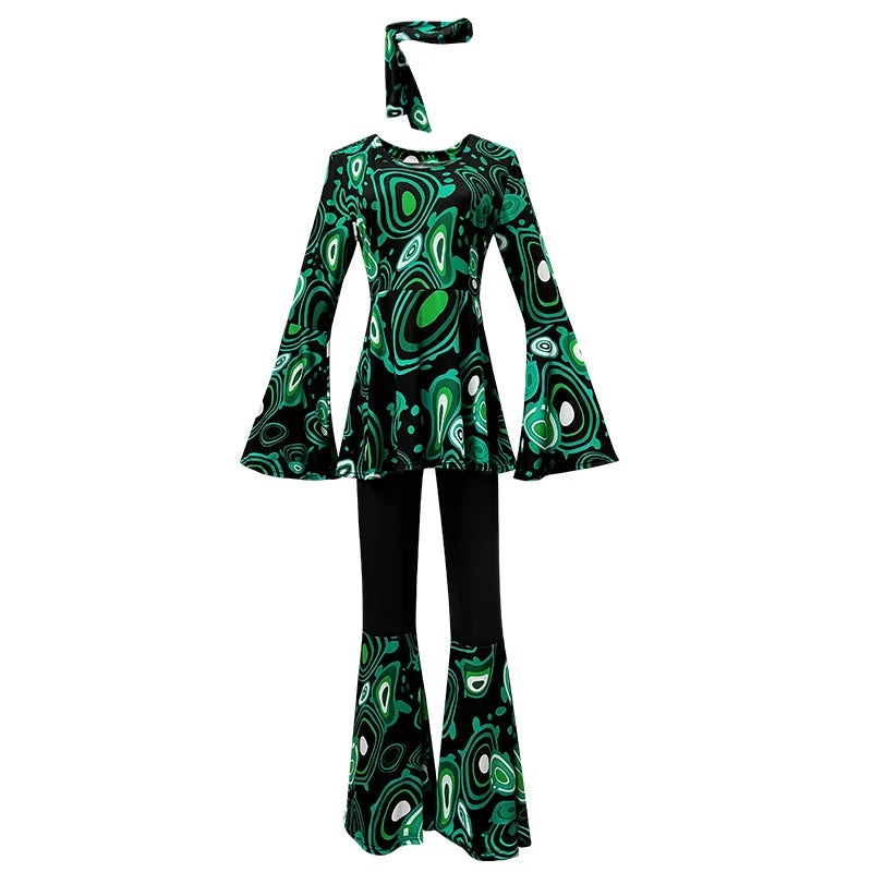 Women 60s 70s Outfits Hippie Costume Set Disco Outfit Dress Boho Flared Pants Hippie Shirt Headband