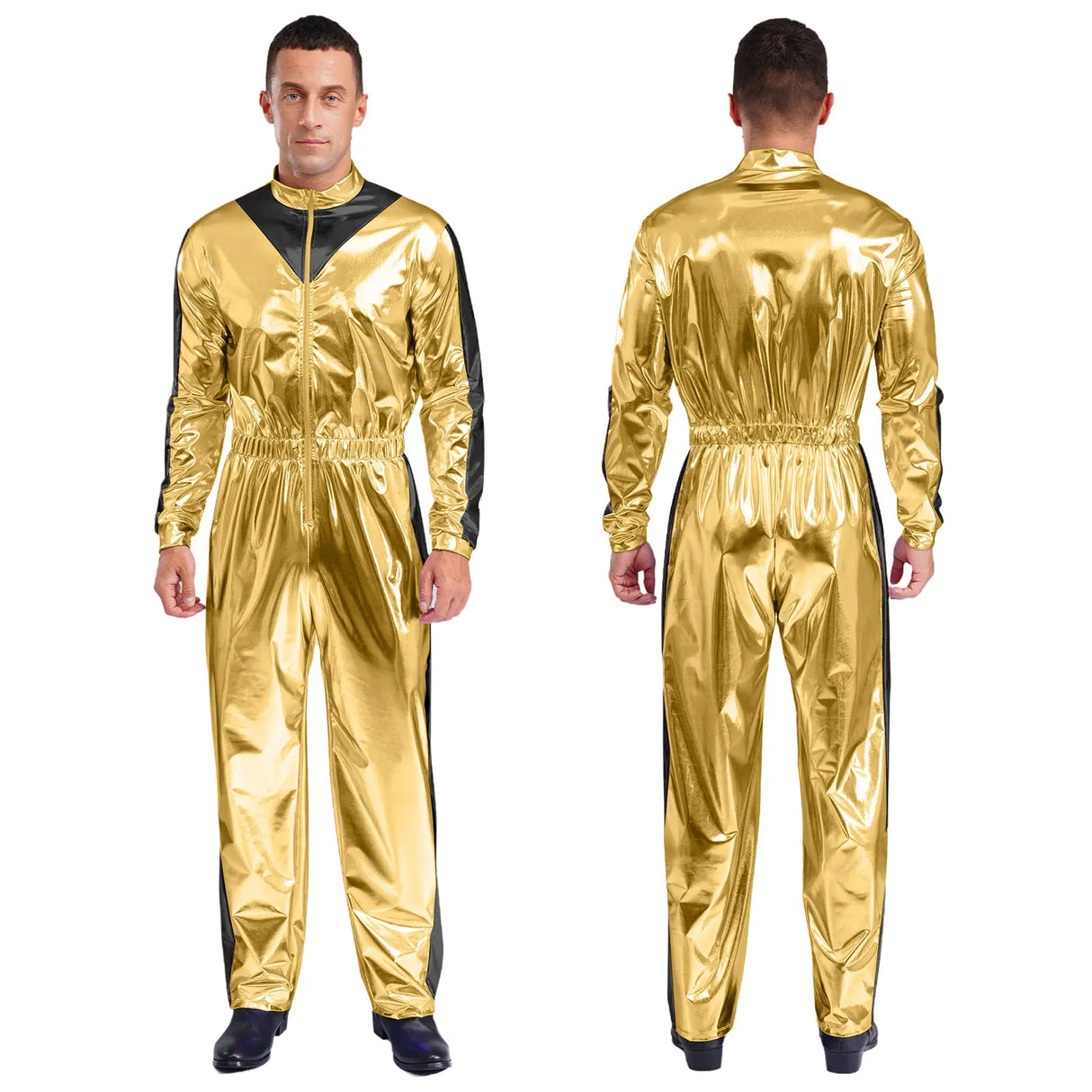 Men Astronaut Space Cosplay Costume Shiny Bodysuit Long Sleeve Elastic Waistband Jumpsuit Fashion for Party Club Halloween Role
