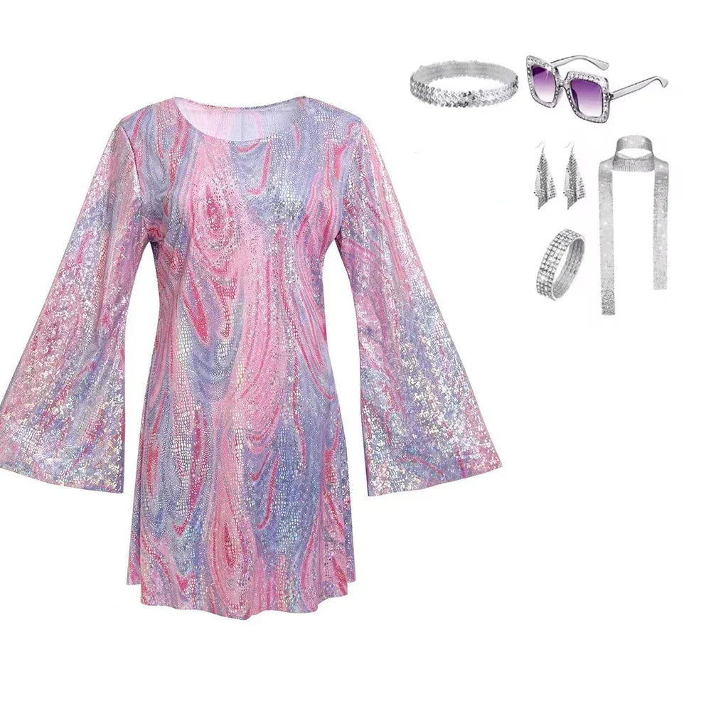 Adult 70s Women Disco Dress Hippie Costumes Necklace Earrings Glasses, 60's Birthday Outfits, 1970s Prom Bling Dress Halloween