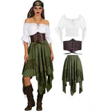 3PCS Women Pirate Skirt Renaissance Spelled Dress Pointed Asymmetrical Fairy Pirate Costume Medieval Farmer Top Halloween Set
