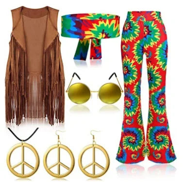 70s 80s Women Hippie Costume Set Bell Bottom Flared Pant for christmas party Halloween Cosplay