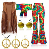 70s 80s Women Hippie Costume Set Bell Bottom Flared Pant for christmas party Halloween Cosplay