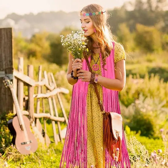 Women 60s 70s Hippie Disco Cosplay Costume Peace Love Girls Hip Indian Tassels Cowgirl Vest Cardigan Halloween Carnival Party