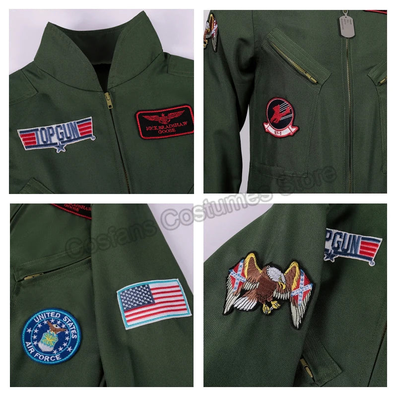 Top Gun Movie Cosplay American Airforce Uniform Halloween Costumes for Men Kids Adult Army Green Pilot Jumpsuit Astronaut
