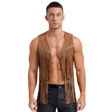 Mens Cowboy Costume Halloween Party Long Tassels 70s Hippie Cardigan Sleeveless Fringe Suede Jacket Waistcoat Vintage Vest Tops