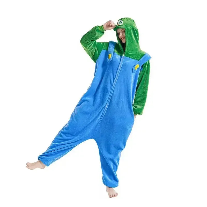 Anime Game Marios Bros Cosplay Costume Figure Luigi Cartoon Sleepwear Kigurumi Unisex Pajamas Flannel Jumpsuit Sleepwear Onesies