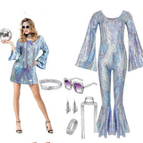 Adult 70s Women Disco Dress Hippie Costumes Necklace Earrings Glasses, 60's Birthday Outfits, 1970s Prom Bling Dress Halloween