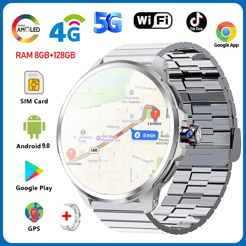 5G/4G Full Network Smart Watch Men 1.95 inch AMOLED Screen 8GB+128GB RAM 900W Camera GPS WIFI Google APPS Android 9.0 Smartwatch