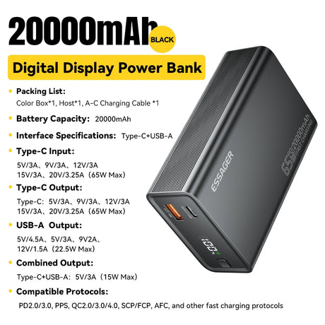 Essager 20000mAh portable power bank 65W fast charging