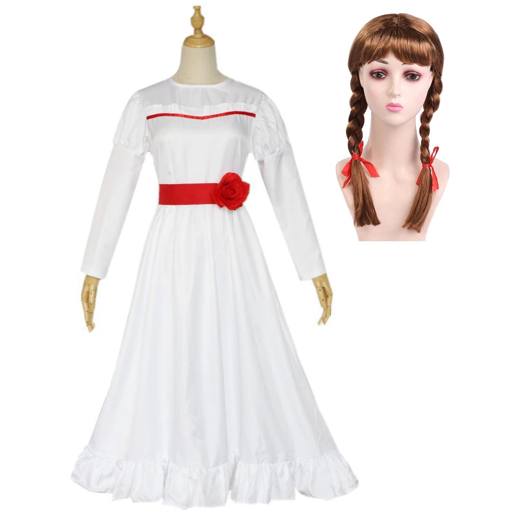 Conjing Doll Annabelle child Cosplay Costume Bride of Chucky Annabelle White Dress Adult Women Halloween Scary Outfits Suit