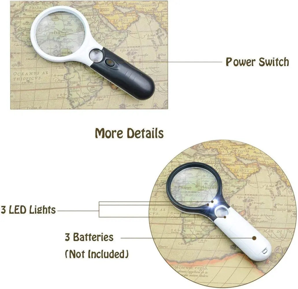 White Magnifying Glass Handheld 45X Magnifier With 3 LED Light For Rea