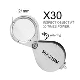 10-30X Pocket Loupe Magnifier Jewelry Magnifying Glass Foldable Diamond Lupa Triplet Jewelers Eye Glass Tool Reading Magnifier