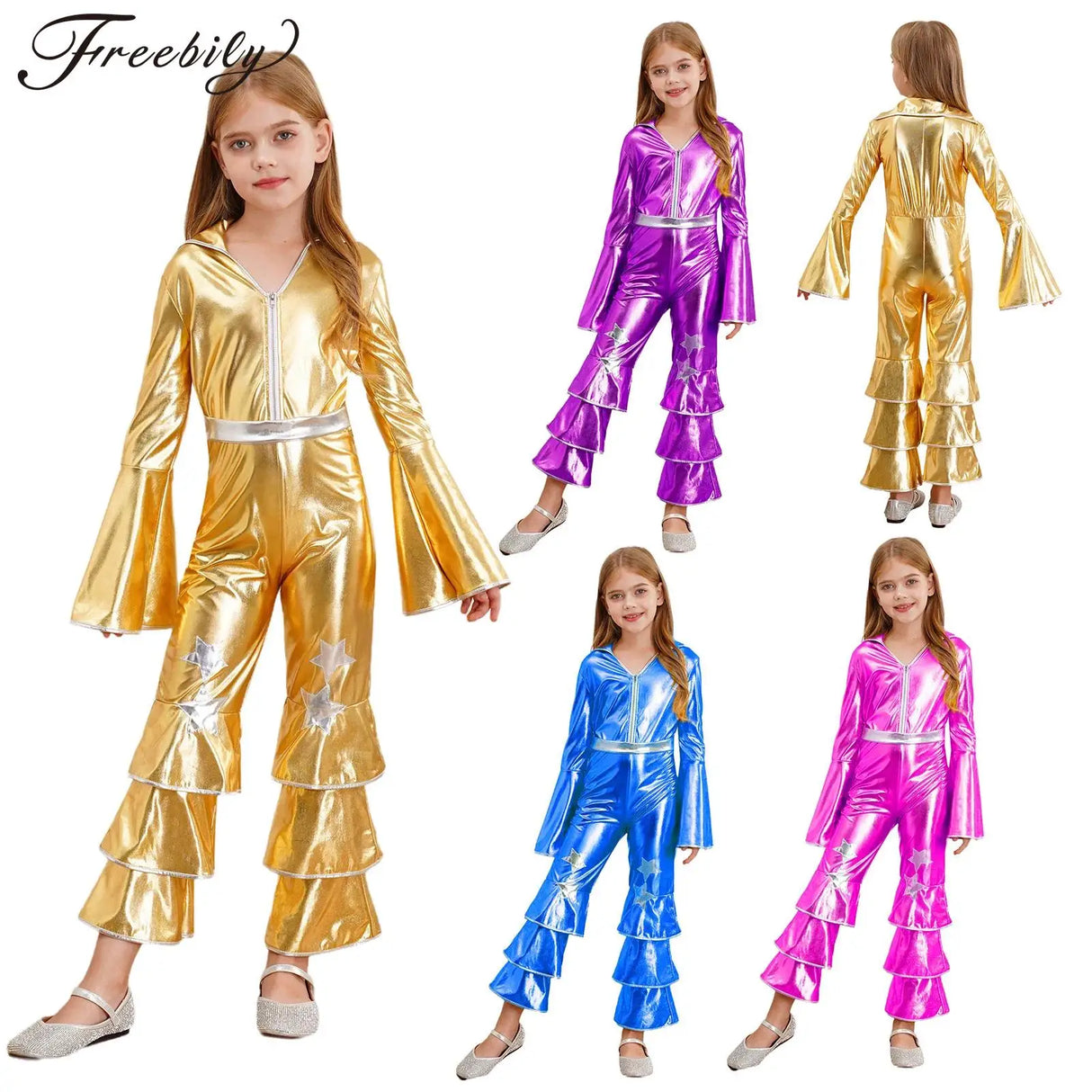 Girls Hippie Costume Cosplay Vintage 60s 70s Disco Stage Performance Dancing Jumpsuit Carnival Shiny Singer Hippies Costumes