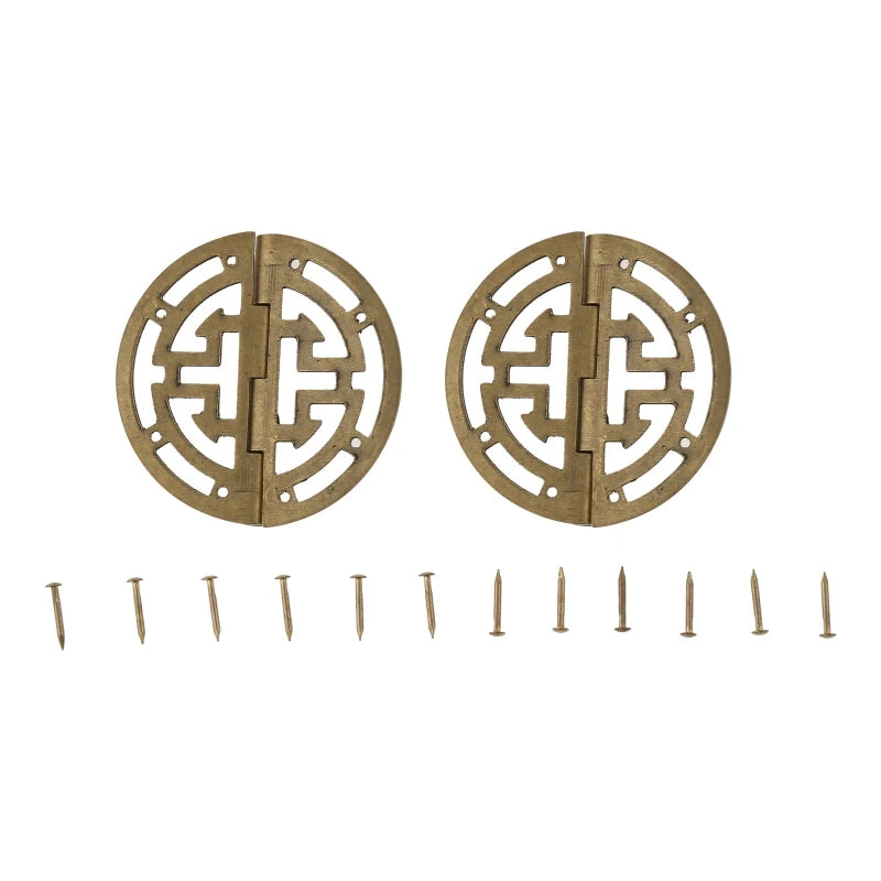 2pcs Vintage Round Brass Hinges w/screws 45mm/1.77inch Hollow Pattern Old Chinese Retro Decor Wood Jewelry Box Wine Case Cabinet