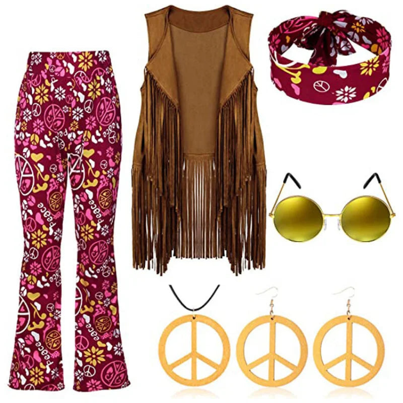 Halloween Hippie Costume Women's Set for Carnival 70s Clothing Accessories Six-Piece Set Tassel Vest+Pants+Headband Set