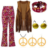 Halloween Hippie Costume Women's Set for Carnival 70s Clothing Accessories Six-Piece Set Tassel Vest+Pants+Headband Set
