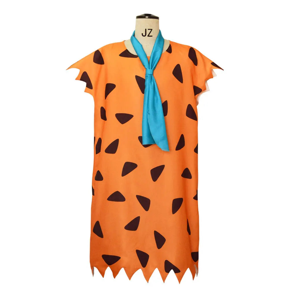 The Flintstones Fred Flintstone Caveman Cosplay Complete Outfit Orange Printed Tunic Blue Scarf Halloween Carnival Party Disfraz