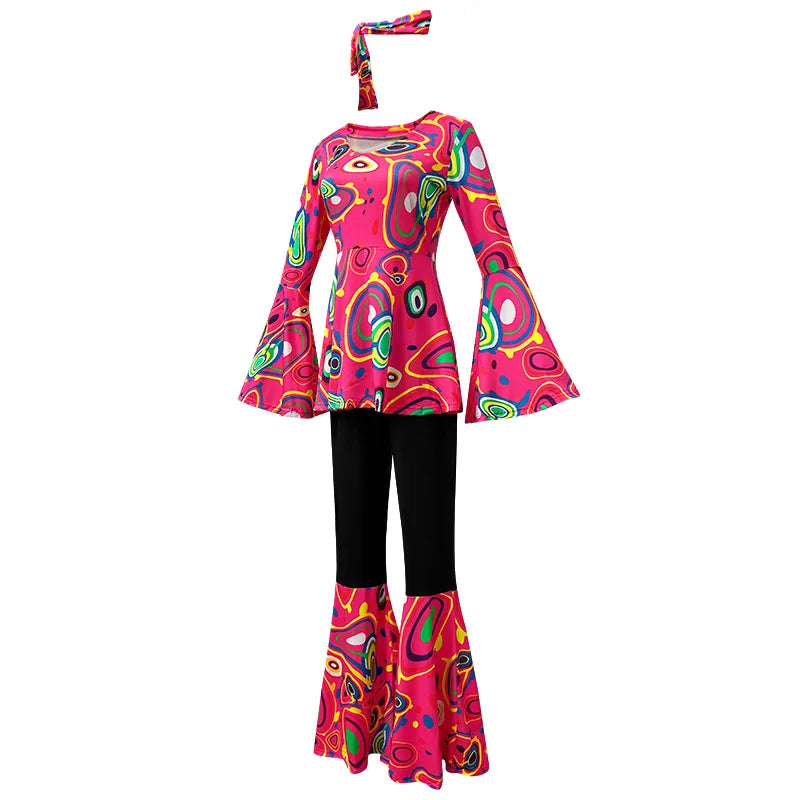 Women 60s 70s Outfits Hippie Costume Set Disco Outfit Dress Boho Flared Pants Hippie Shirt Headband