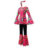 Women 60s 70s Outfits Hippie Costume Set Disco Outfit Dress Boho Flared Pants Hippie Shirt Headband