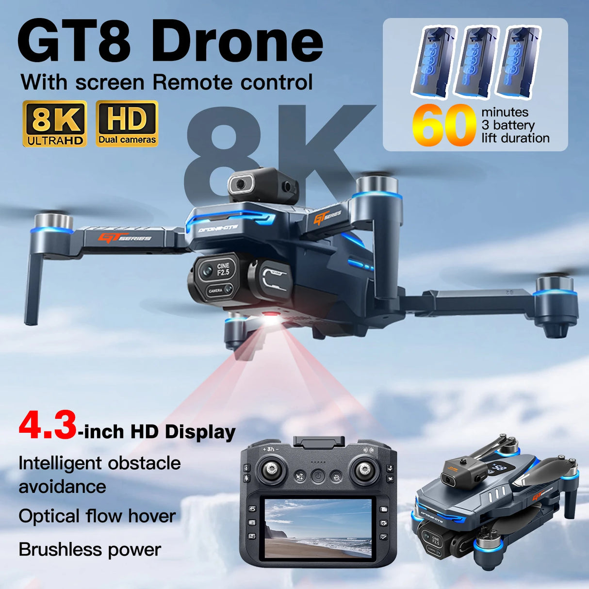 For Genuine GT8 Drone 8K Professional Dual Camera GPS FPV Brushless Motor Optical Flow Hovering Folding Quadcopter RC Dron Toys