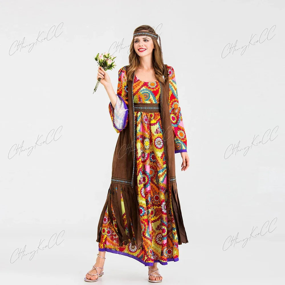 New Halloween Women's Hippie Cosplay Costume Adult 70'S Retro Disco Long Sleeve Printed Dress Vest Purim Party Role Play Suit