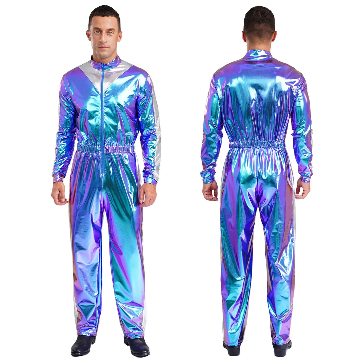 Men Astronaut Space Cosplay Costume Shiny Bodysuit Long Sleeve Elastic Waistband Jumpsuit Fashion for Party Club Halloween Role
