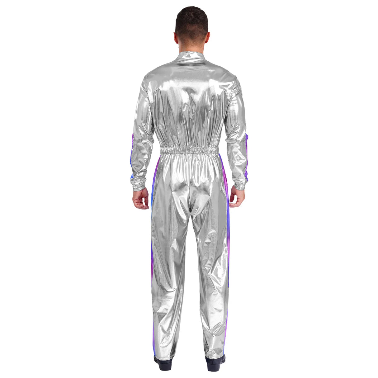 Men Astronaut Space Cosplay Costume Shiny Bodysuit Long Sleeve Elastic Waistband Jumpsuit Fashion for Party Club Halloween Role