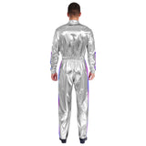 Men Astronaut Space Cosplay Costume Shiny Bodysuit Long Sleeve Elastic Waistband Jumpsuit Fashion for Party Club Halloween Role
