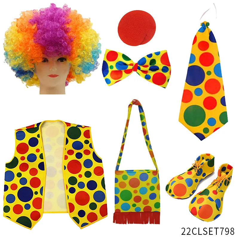 Clown Costume -  Nose Wig Bow Tie Shoes Headband Gloves Hat Stockings and Vest Dress Up Cosplay Props Accessories