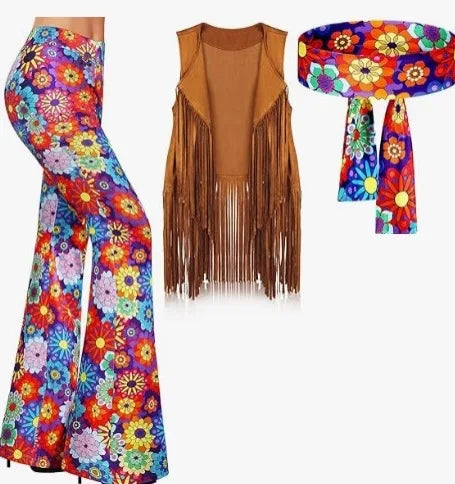 Halloween Hippie Costume Women's Set for Carnival 70s Clothing Accessories Six-Piece Set Tassel Vest+Pants+Headband Set