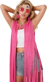 Women 60s 70s Hippie Disco Cosplay Costume Peace Love Girls Hip Indian Tassels Cowgirl Vest Cardigan Halloween Carnival Party